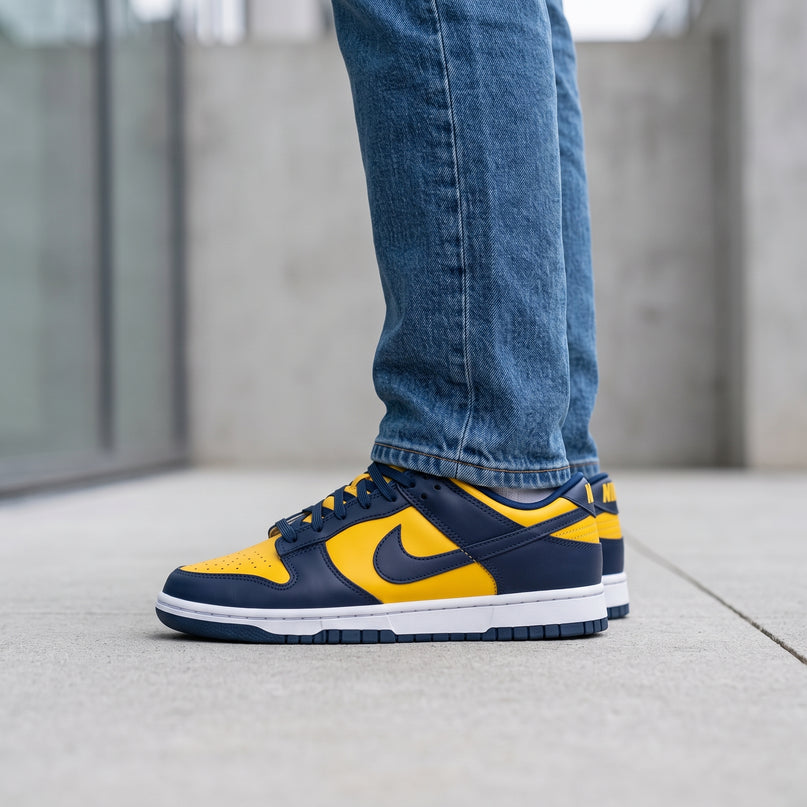 Nike Dunk Low Michigan — 3/4 studio angle