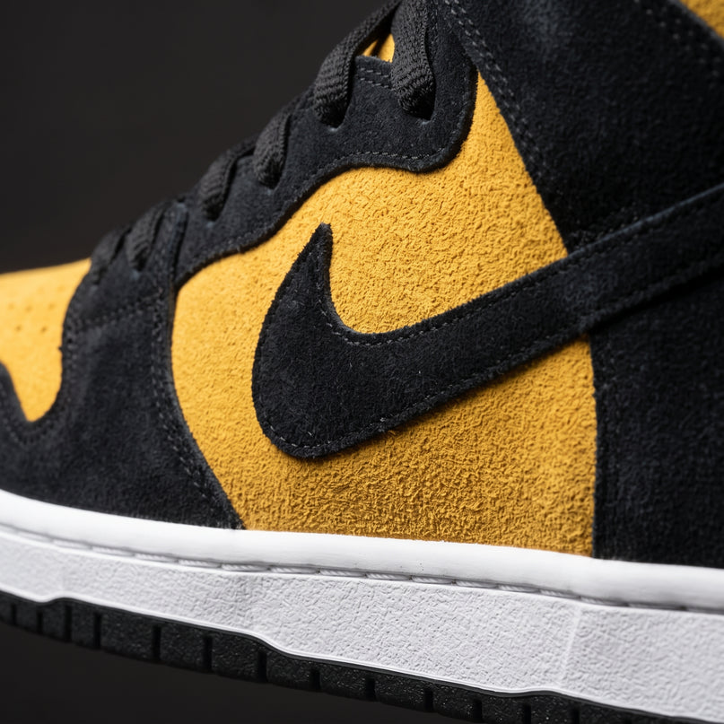 Nike SB Dunk High Reverse Goldenrod — Premium detail close-up