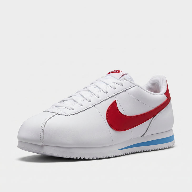 Nike Cortez White University Red Blue — 3/4 studio angle