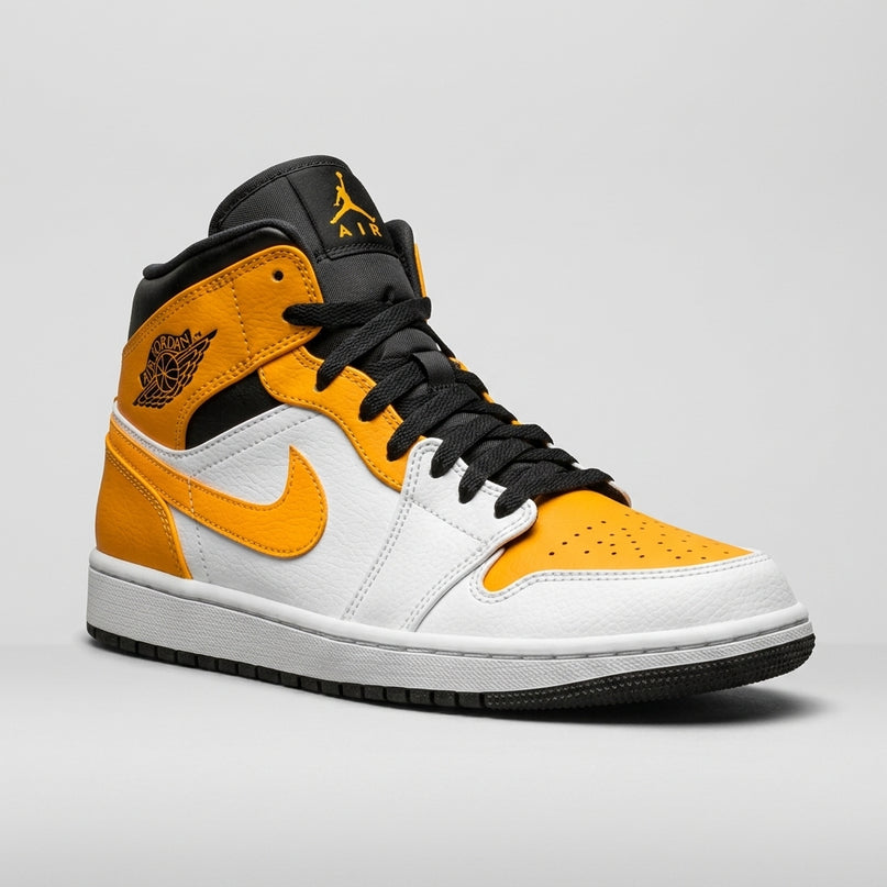 jordan 1 mid university gold — 3/4 studio angle