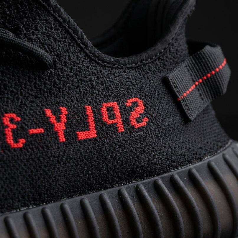 Yeezy 350 Core black — Premium detail close-up