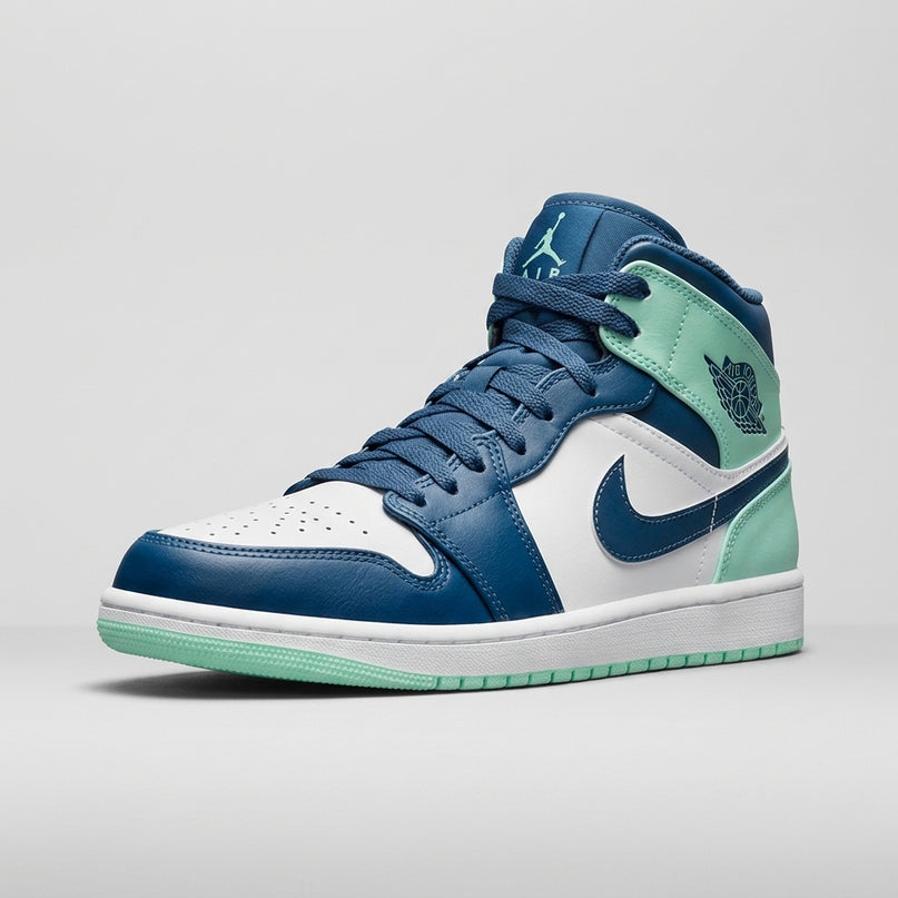 Jordan 1 Mid Mystic Navy Mint — 3/4 studio angle