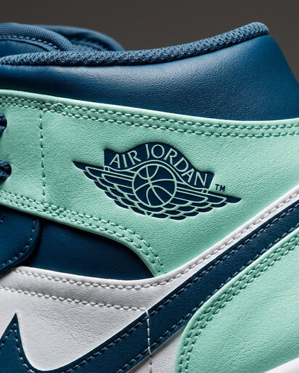 Jordan 1 Mid Mystic Navy Mint — Premium detail close-up