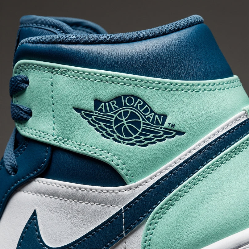 Jordan 1 Mid Mystic Navy Mint — Premium detail close-up