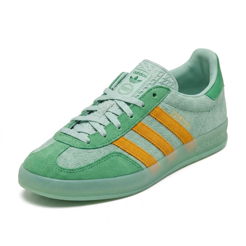 Adidas Gazelle Indoor Hazy Green Yellow — 3/4 studio angle
