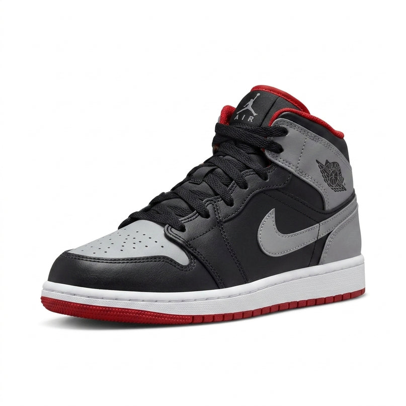 Jordan 1 mid gs bred shadow — 3/4 studio angle