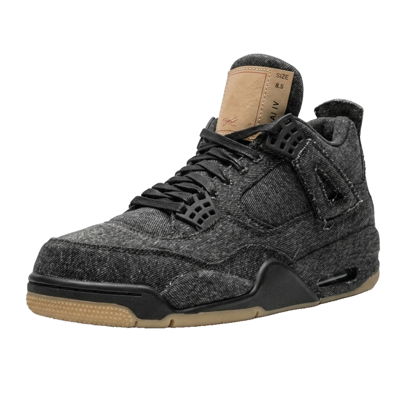 Jordan 4 Levi’s Black Denim — 3/4 studio angle