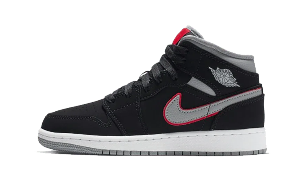 Jordan 1 mid Black Particle Grey Gym Red (GS)