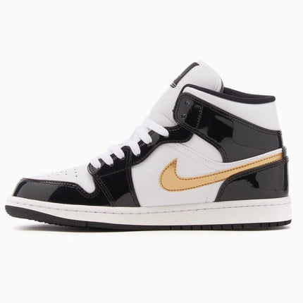 Jordan 1 Mid Patent Black White Gold