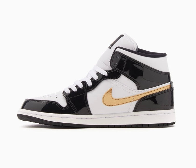 Jordan 1 Mid Patent Black White Gold